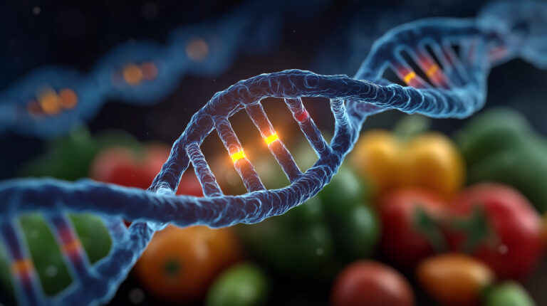 DNA and fresh vegetable: A striking depiction of the DNA structure interweaves with a vibrant assortment of fresh vegetable. Symbolizing the essence of healthy.